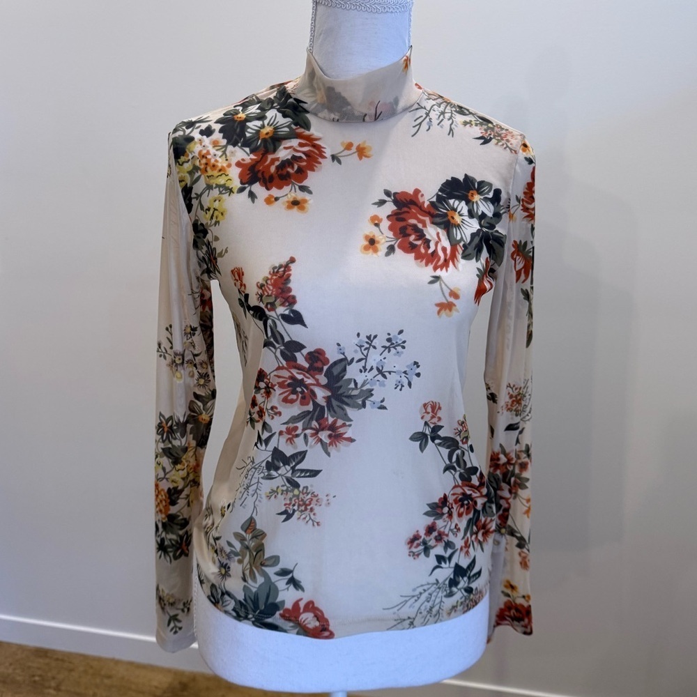 Lee Cooper Fairy Grunge Mesh Mockneck Floral Top size Medium Y2K Bohemian Sheer